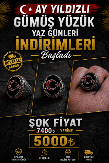 Ay Yıldızlı Erkek Gümüş Yüzük Modeli