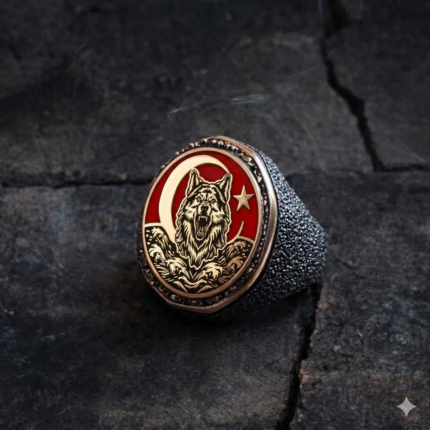 Ay Yıldızlı Bozkurt Gümüş Erkek Yüzük